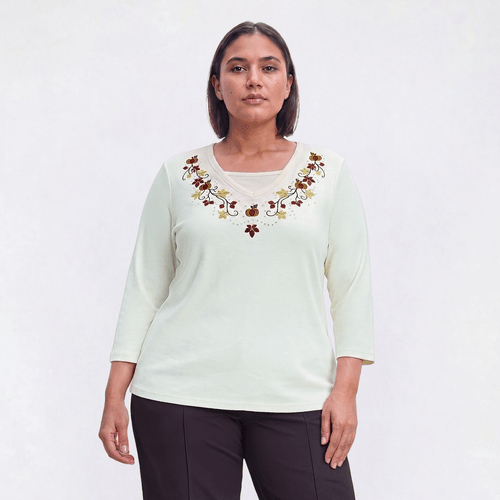 Plus Size Hasting & Smith 3/4 Sleeve Pumpkin Vines Embroider Tee